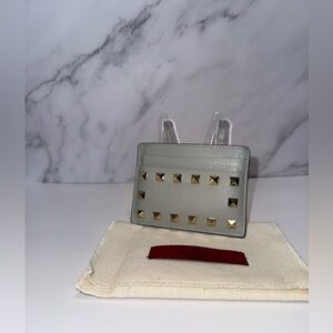 Valentino Garavani Rockstud Card Holder Light Grey Leather Gold Studs